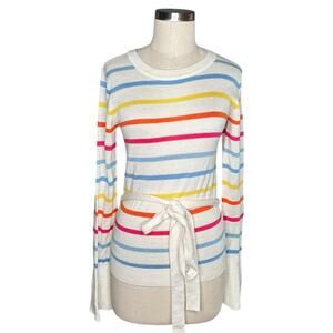 LOVERS+FRIENDS White Rainbow Striped Bell Sleeve Belted Knit Sweater Women's S